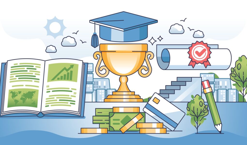 Trophäe, Abschlusszertifikat und Schulbücher als Symbole für Bildungserfolg und Schulqualität