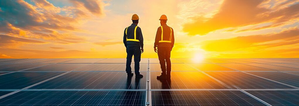 Zwei Solartechniker stehen auf einem Solardach bei Sonnenuntergang und planen die Energiegewinnung durch erneuerbare Quellen.
