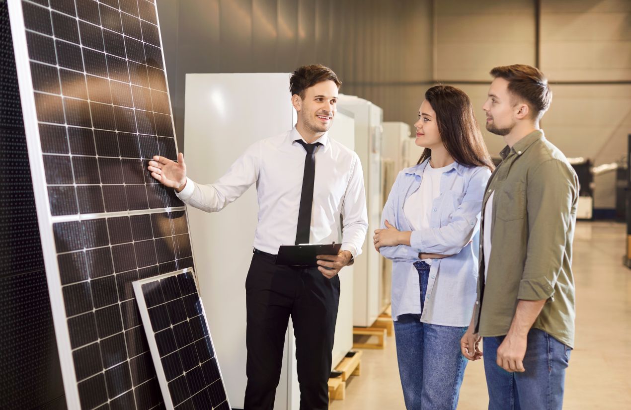 Ein Energieberater erklärt einem Paar den Einsatz von Solaranlagen und Fördermöglichkeiten für nachhaltige Projekte.