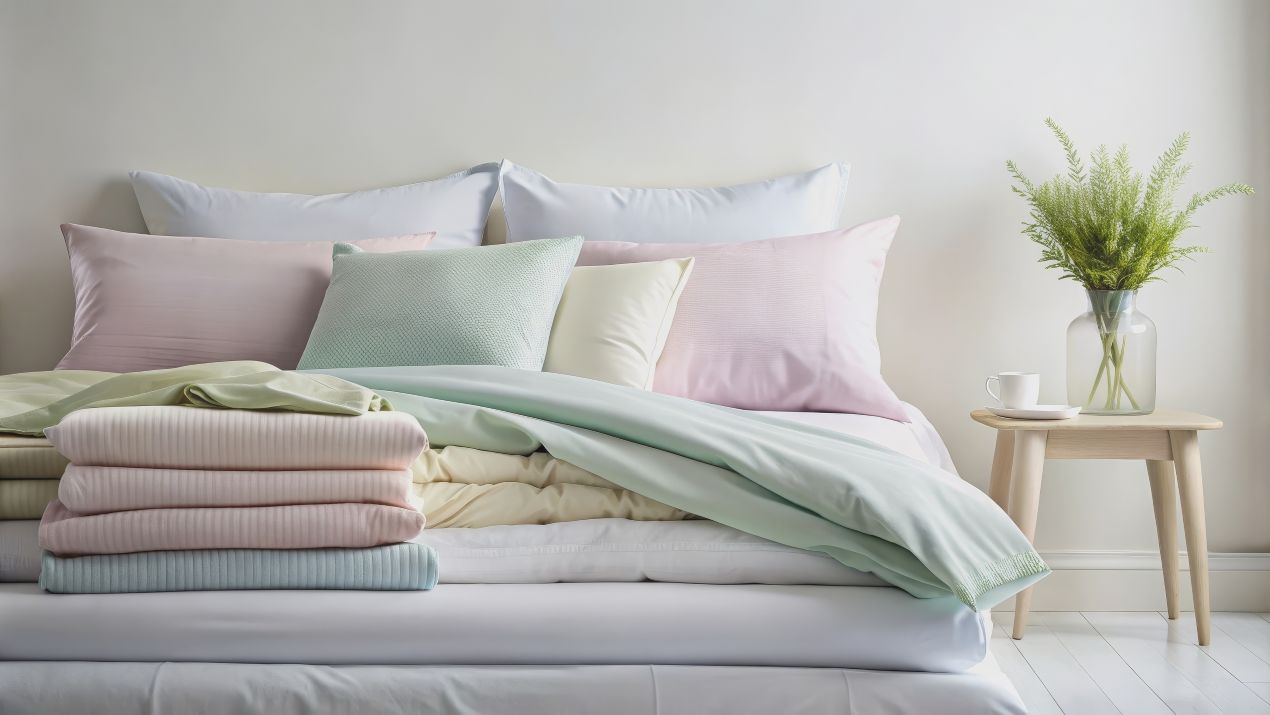 Modernes Schlafzimmer mit gefalteter Jersey Bettwäsche in sanften Pastellfarben auf einem Bett mit Dekokissen