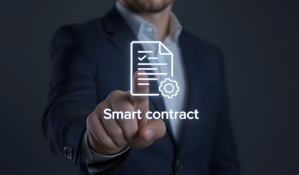 Person aktiviert digitalen Smart Contract auf Touchscreen