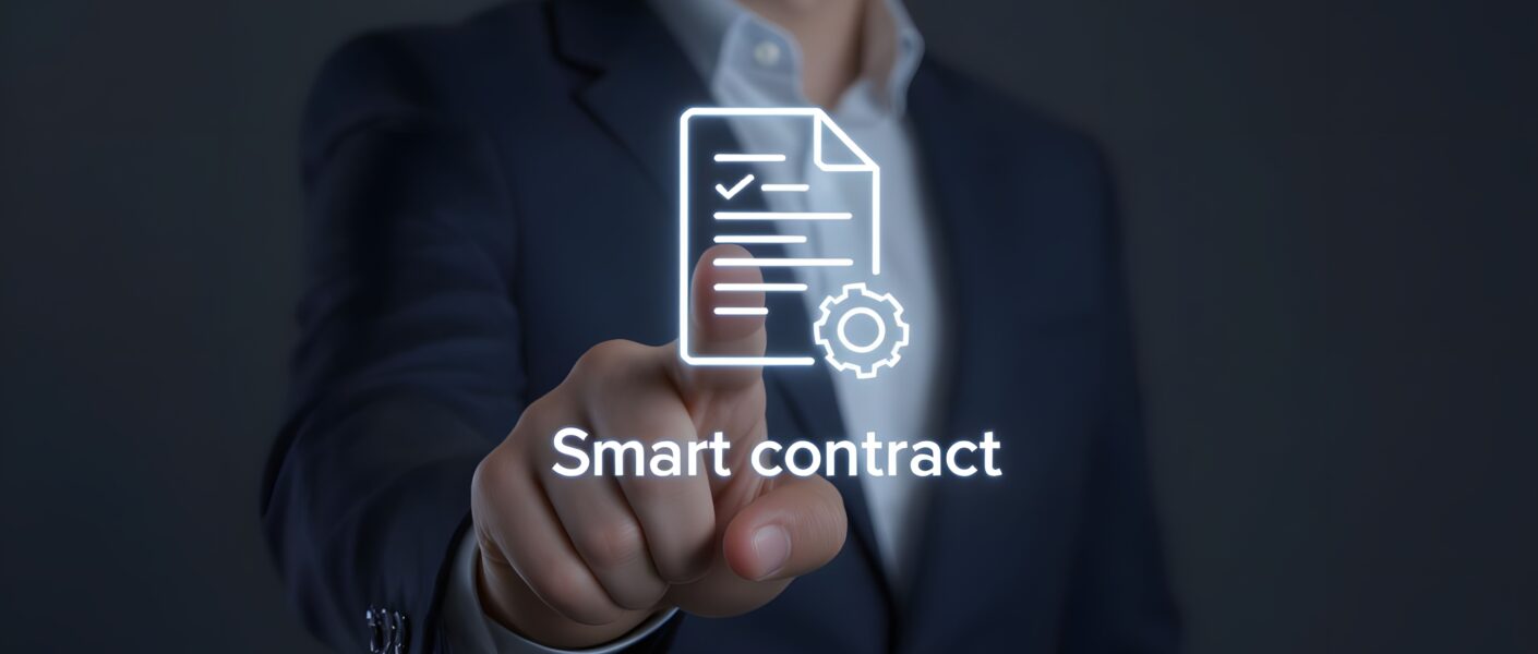 Person aktiviert digitalen Smart Contract auf Touchscreen