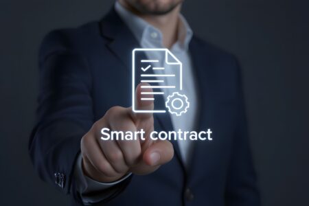 Person aktiviert digitalen Smart Contract auf Touchscreen