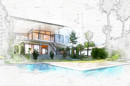 Visualisierung moderner Hausplanung mit Pool | Baufinanzierung Köln