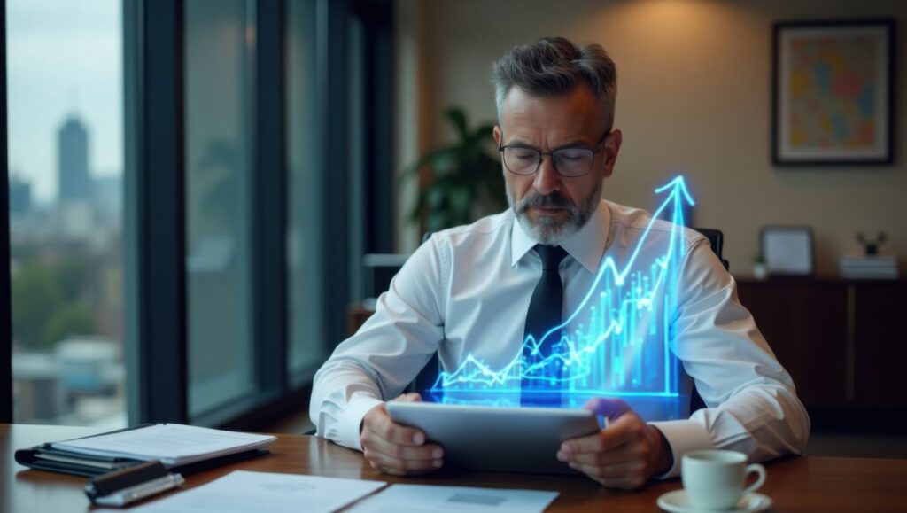 geschaeftsmann analysiert einkauf verhandlungsstrategien mit digitalen daten auf einem tablet