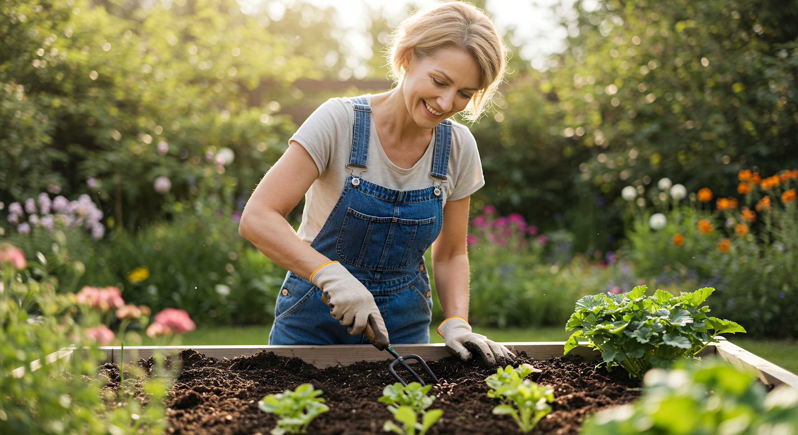 Frau pflanzt Salat im Hochbeet im Garten